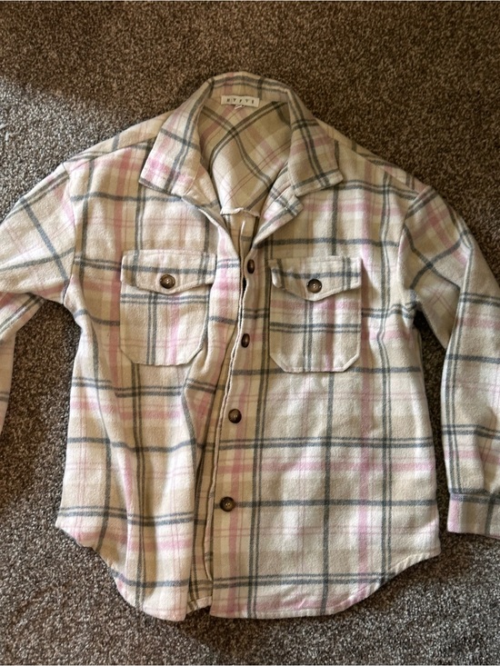 HYFVE Jackets & Blazers - HYFVE Cream Plaid Button-Up Shacket with Pink & Gray Stripes